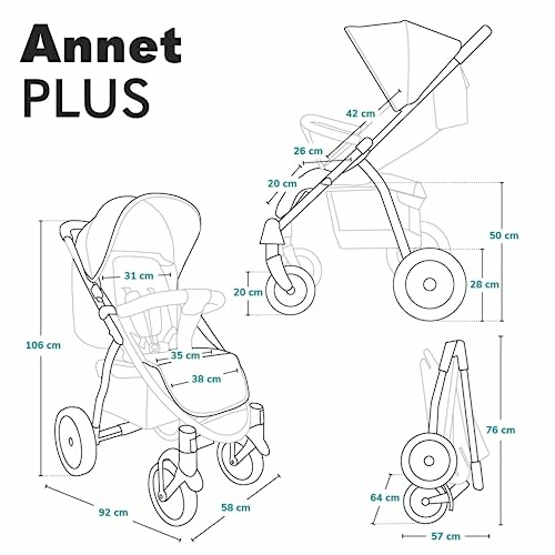 Diagrama de dimensiones de un cochecito de bebé Annet Plus.