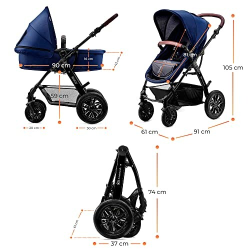 Cochecito de bebé azul con dimensiones detalladas