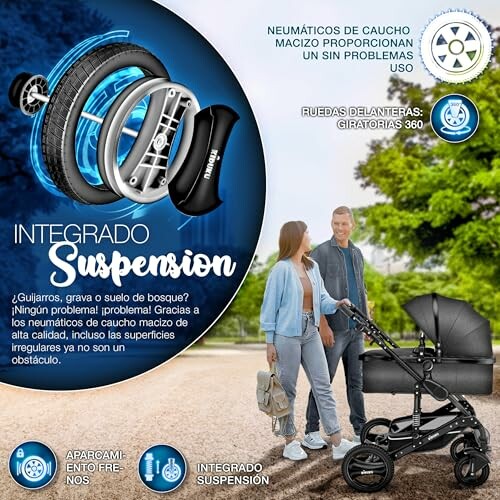 Carrito de bebé con suspensión integrada y ruedas giratorias.