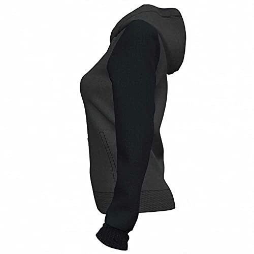 Vista lateral de una chaqueta con capucha negra.