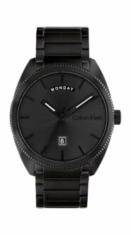 Reloj de pulsera negro Calvin Klein con día y fecha.