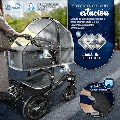 Carrito de bebé con protector de lluvia y características adicionales.