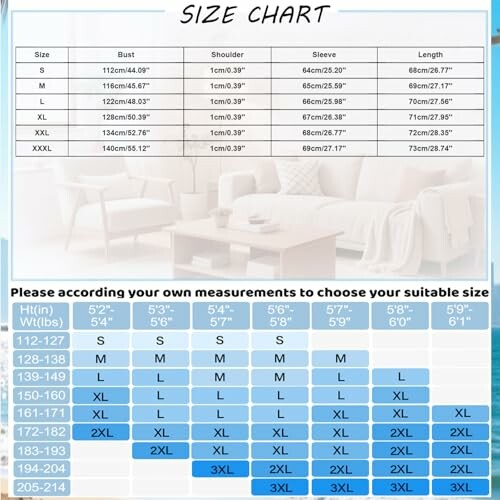 Tabla de tallas de ropa con medidas y recomendaciones.