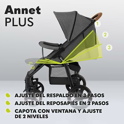 Cochecito ajustable con respaldo, reposapiés y capota.