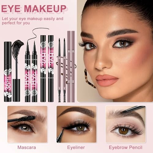 Conjunto de maquillaje para ojos con rímel, delineador y lápiz de cejas.