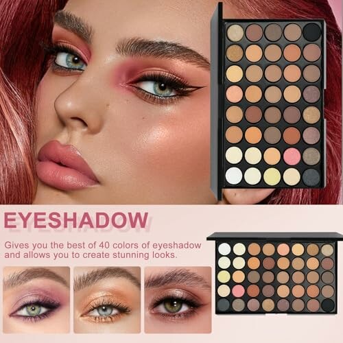 Paleta de sombras de ojos con 40 colores y maquillaje aplicado.
