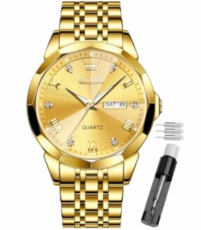Reloj dorado para hombre con correa de metal y herramienta de ajuste.