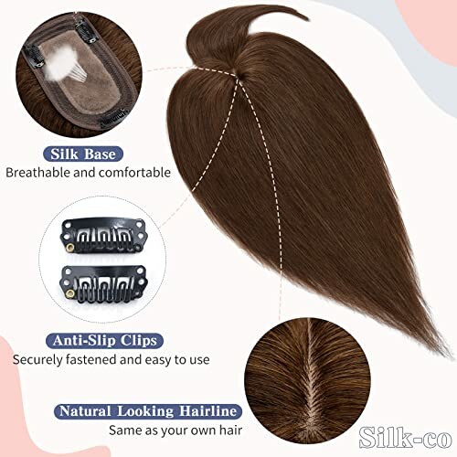 Descripción de un topper de cabello marrón con detalles de base de seda, clips antideslizantes y línea de cabello natural.