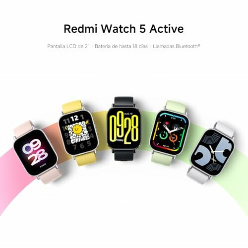 Cinco relojes Redmi Watch 5 Active en diferentes colores y pantallas.