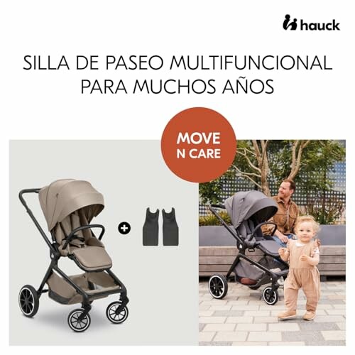Carrito de bebé multifuncional con padre e hijo en parque.