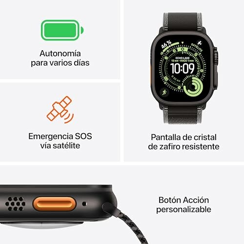 Características del smartwatch, incluyendo autonomía, emergencia SOS vía satélite, pantalla de zafiro resistente y botón acción personalizable.
