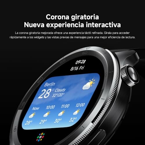 Pantalla de reloj inteligente con pronóstico del tiempo.