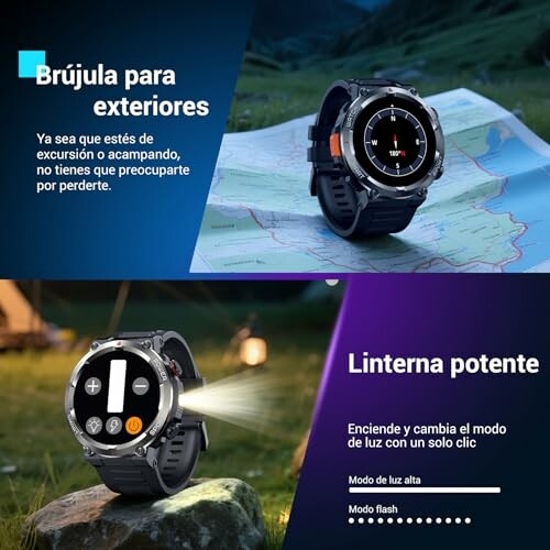 Smartwatch con brújula y linterna para exteriores.