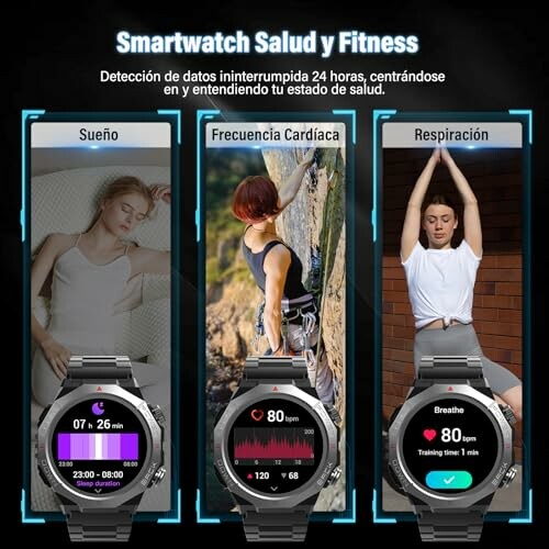 Smartwatch con funciones de sueño, frecuencia cardíaca y respiración.