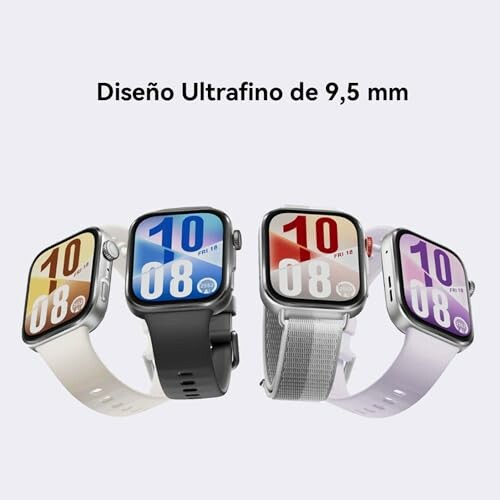 Cuatro relojes inteligentes en diferentes colores con diseño ultrafino.