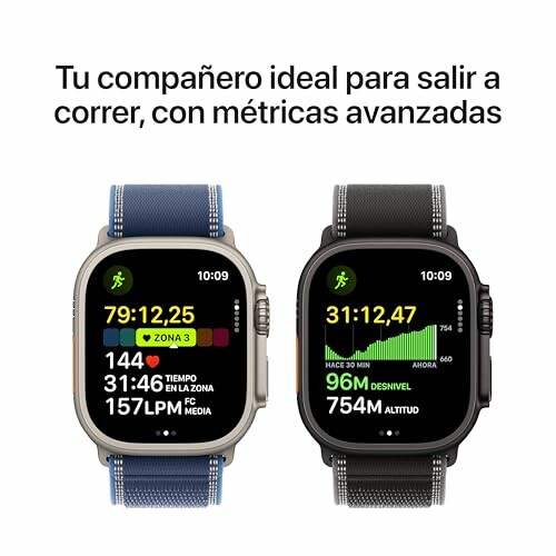 Dos relojes inteligentes con métricas de carrera en pantalla