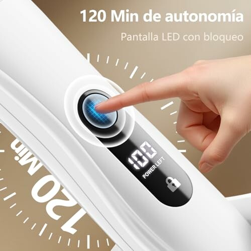 Dispositivo inalámbrico con pantalla LED y autonomía de 120 minutos.